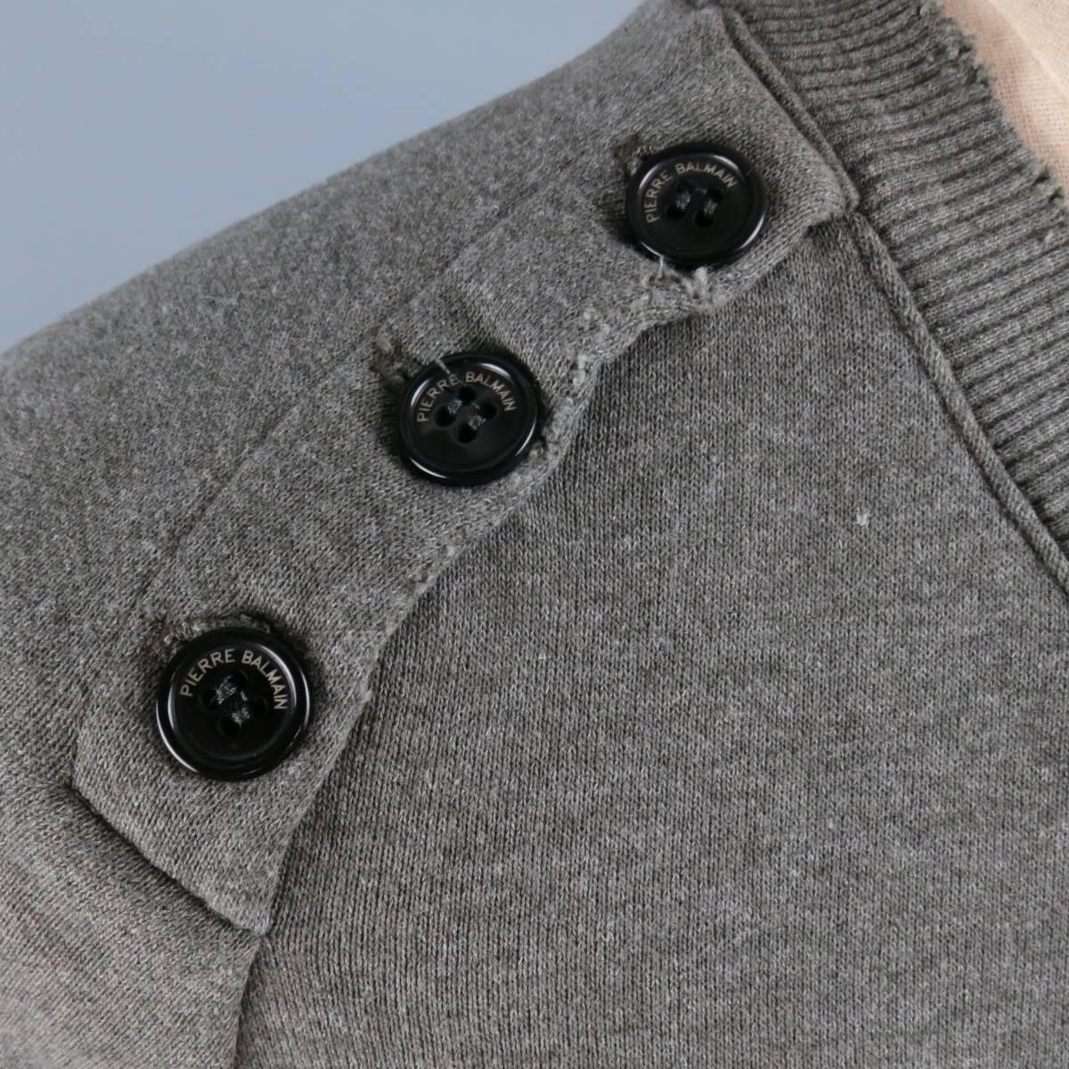 PIERRE BALMAIN Size XXS Olive Grey Distressed Cotton Blend Pullover Sweatshirt 3