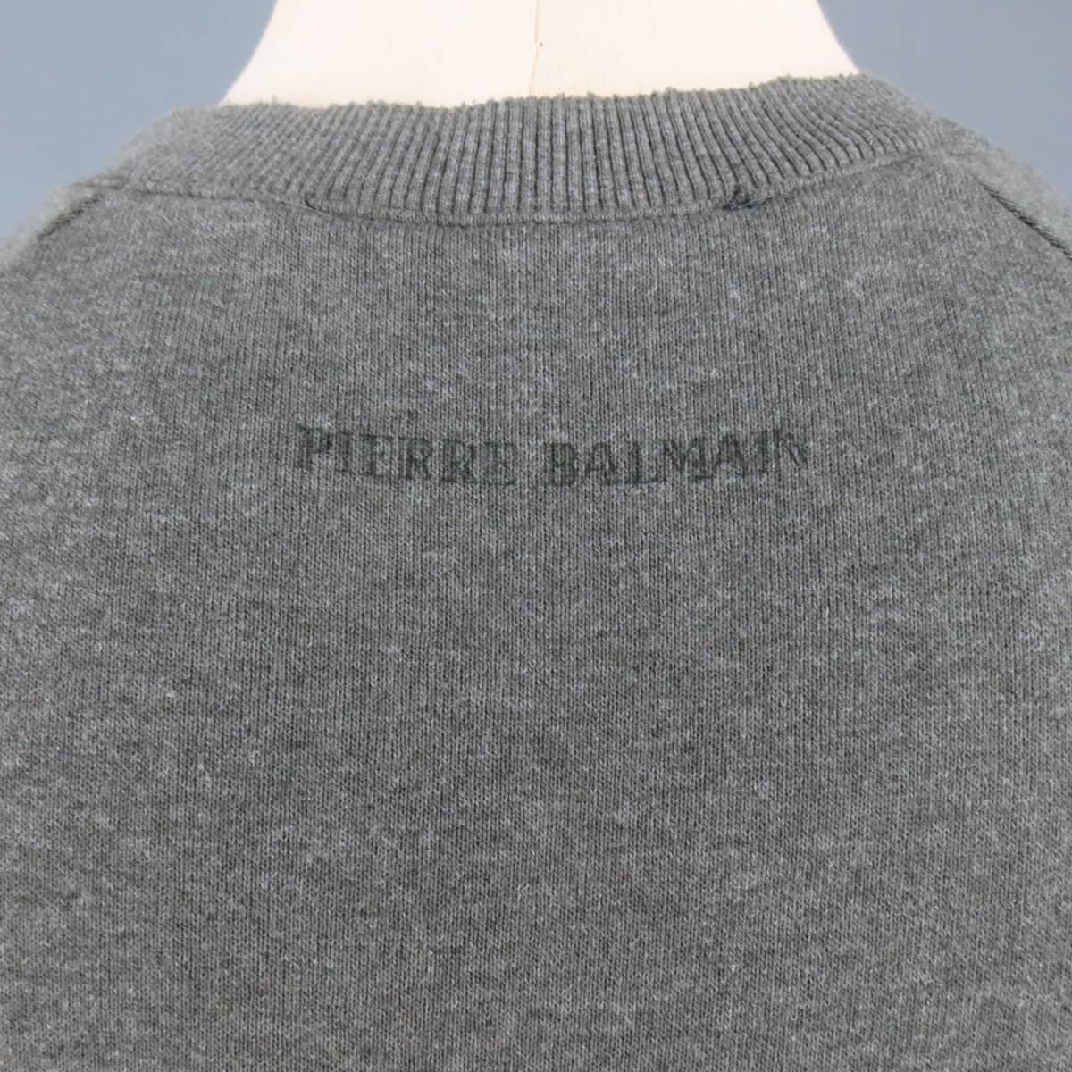 PIERRE BALMAIN Size XXS Olive Grey Distressed Cotton Blend Pullover Sweatshirt 5