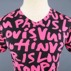 LOUIS VUITTON Size M Black & Pink STEPHEN SPROUSE Graffitti Print V Neck T-shirt