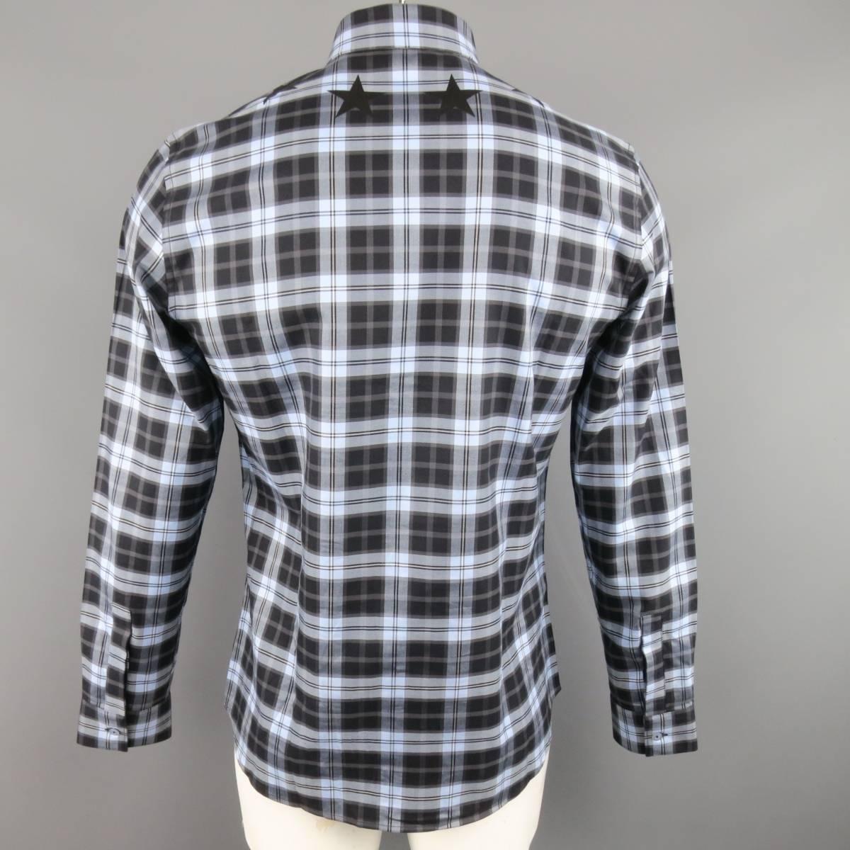 Men's GIVENCHY Size M Blue & Black Plaid Cotton Star Collar Long Sleeve Shirt 1