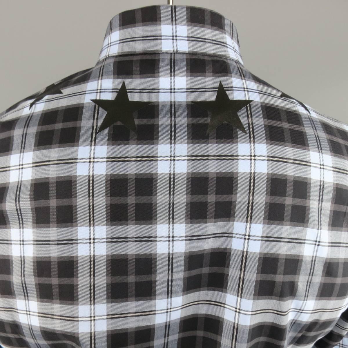 Men's GIVENCHY Size M Blue & Black Plaid Cotton Star Collar Long Sleeve Shirt In Excellent Condition In San Francisco, CA