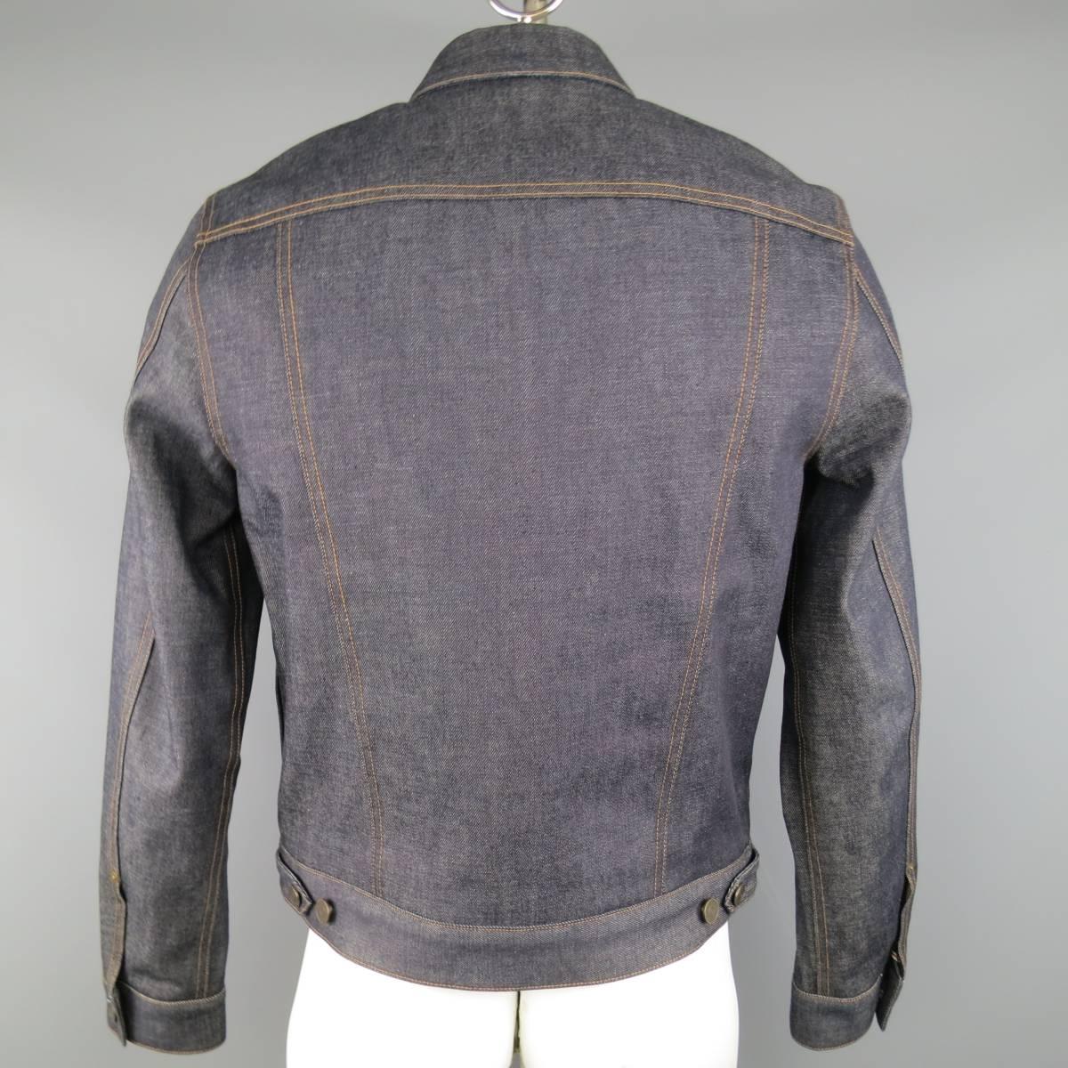 Men's BURBERRY BRIT L Indigo Contrast Stitch Selvedge Denim Trucker Jacket In Excellent Condition In San Francisco, CA