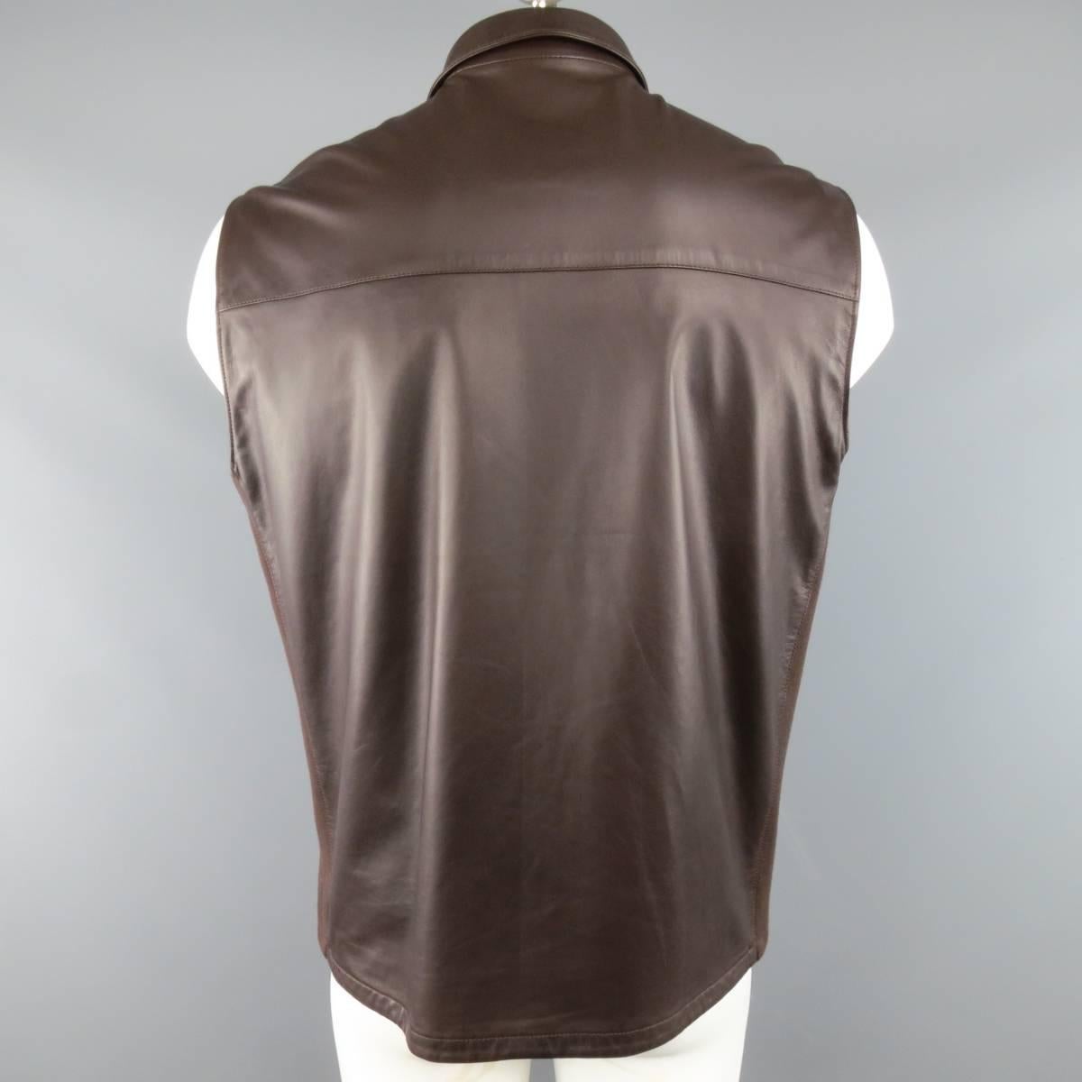 New Men's LORO PIANA XL Chocolate Brown Leather Knit Panel Collared Vest In New Condition In San Francisco, CA