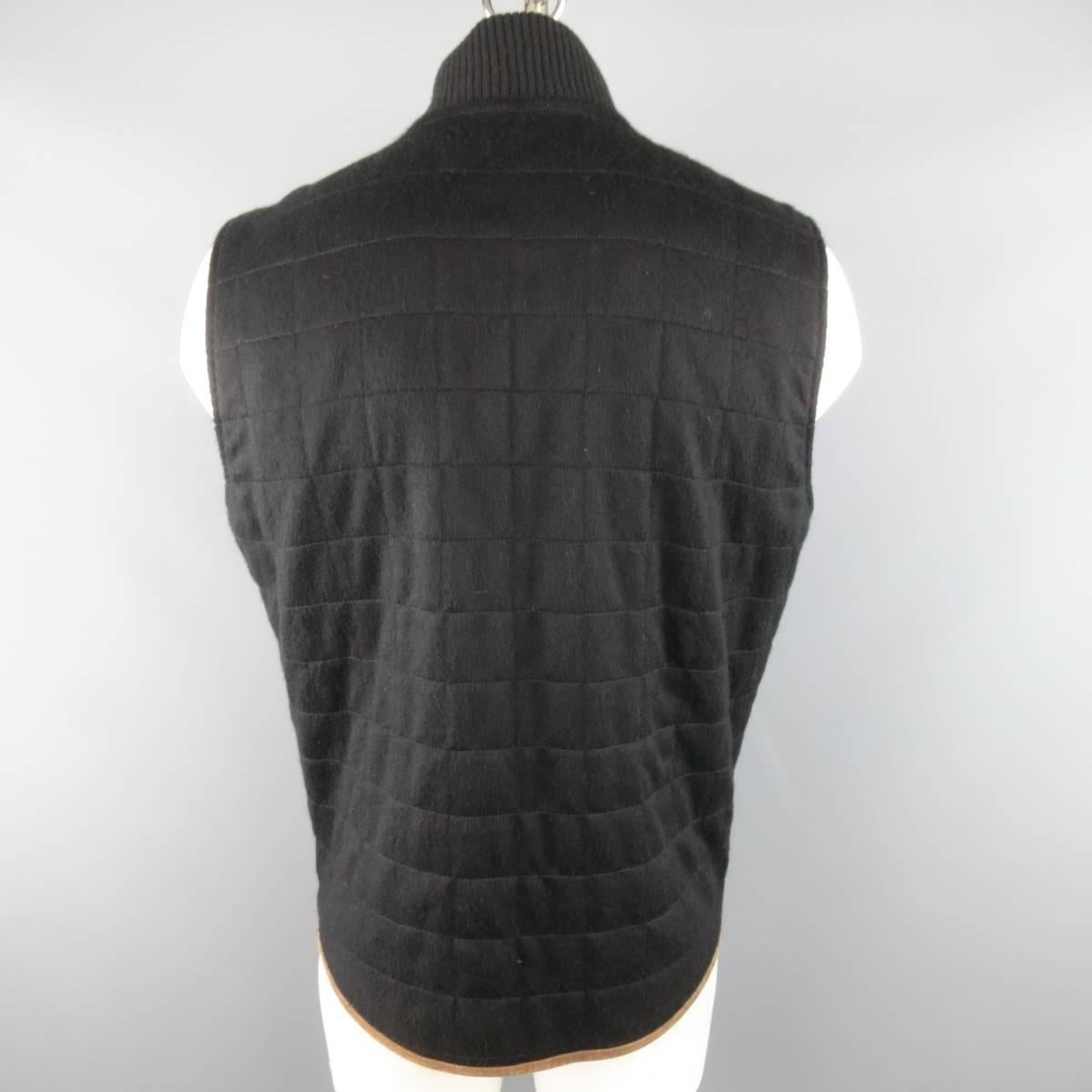 Men's LORO PIANA XL Black Quilted Cashmere Tan Suede Piping Vest 1