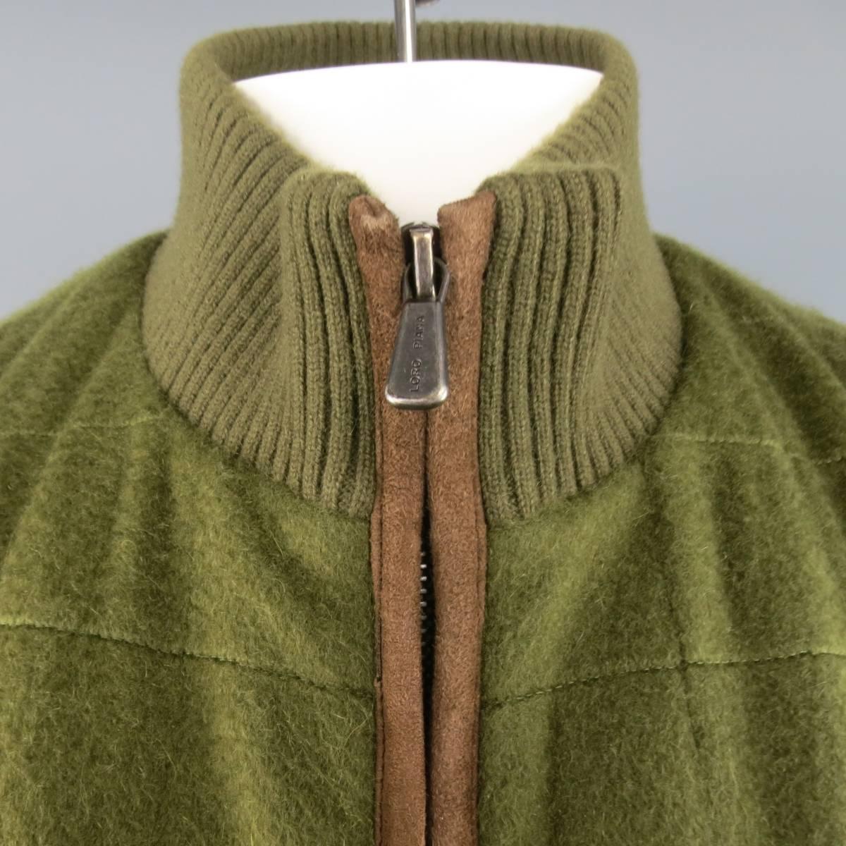 LORO PIANA fall/winter vest comes in an olive green quilted cashmere and features a high ribbed collar, double zip closure, slit pockets, and tan suede piping. Wear throughout. Made in Italy.
 
Good Pre-Owned Condition.
Marked: XL
 
Measurements:
