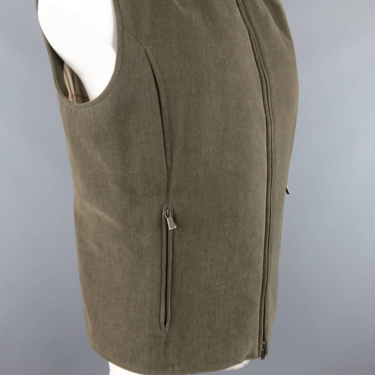 Men's LORO PIANA XL Olive Solid Cotton Storm System Rain Protection Vest In Excellent Condition In San Francisco, CA