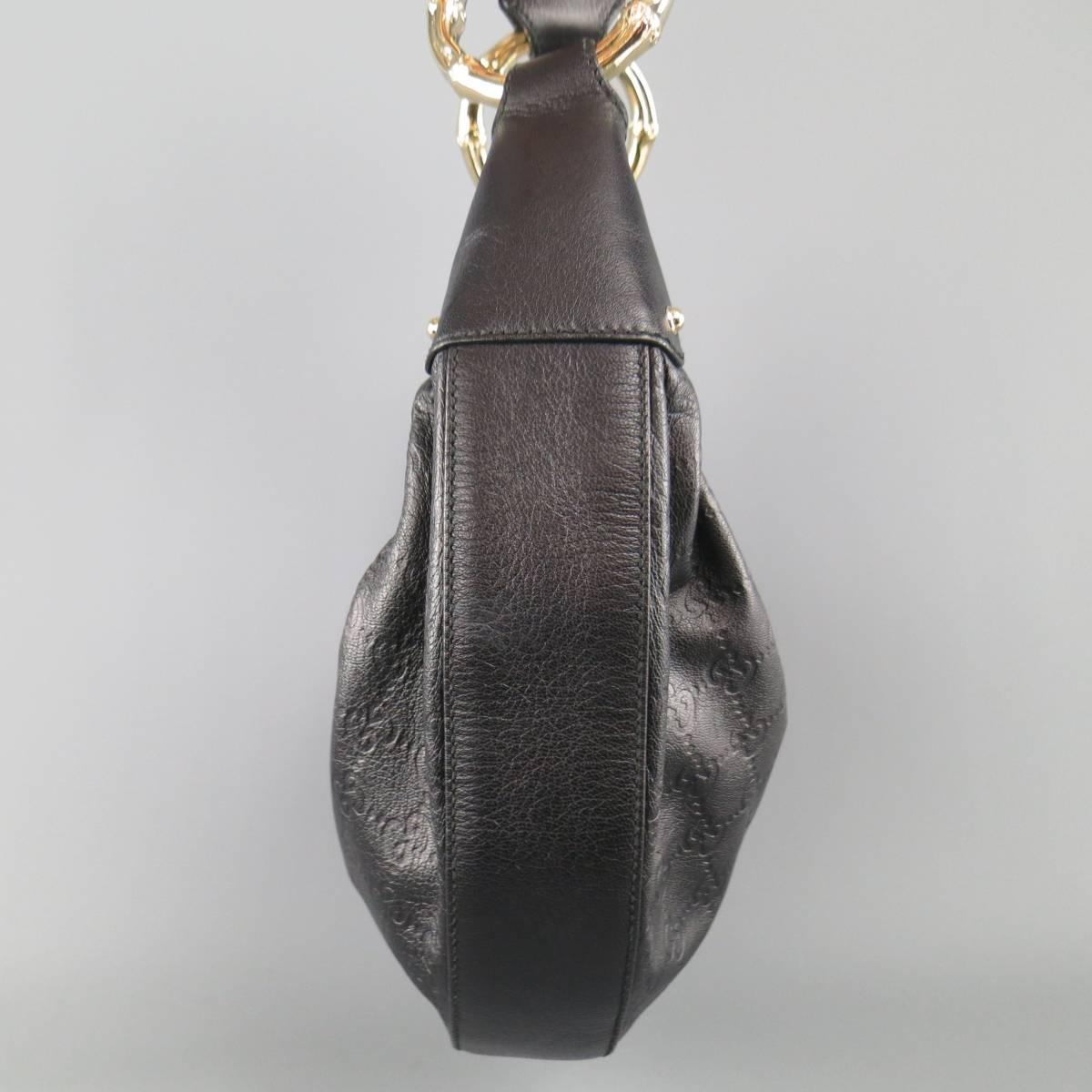 Women's GUCCI Black Monogram Embossed Leather Gold Bamboo Handle Hobo Handbag