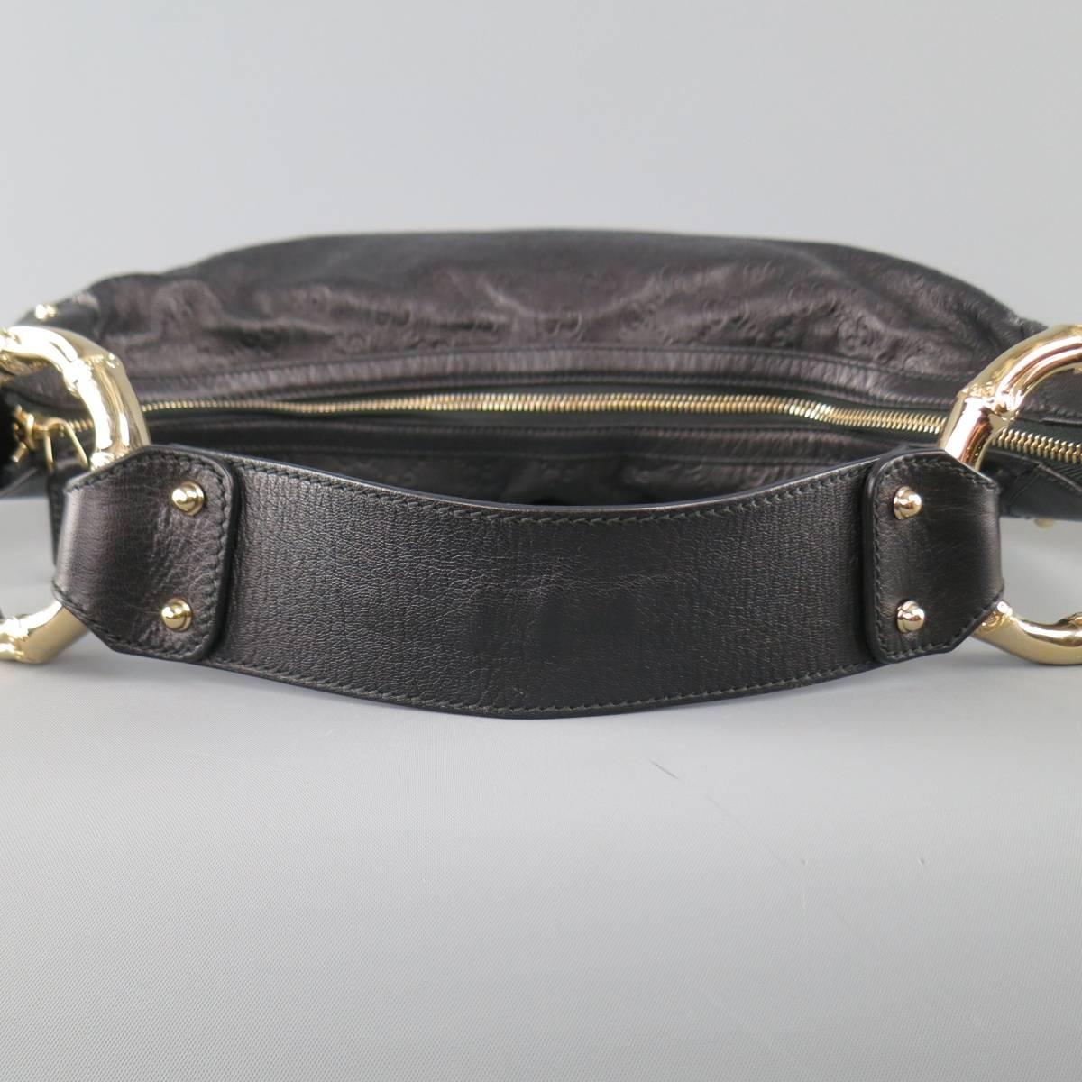 GUCCI Black Monogram Embossed Leather Gold Bamboo Handle Hobo Handbag 3