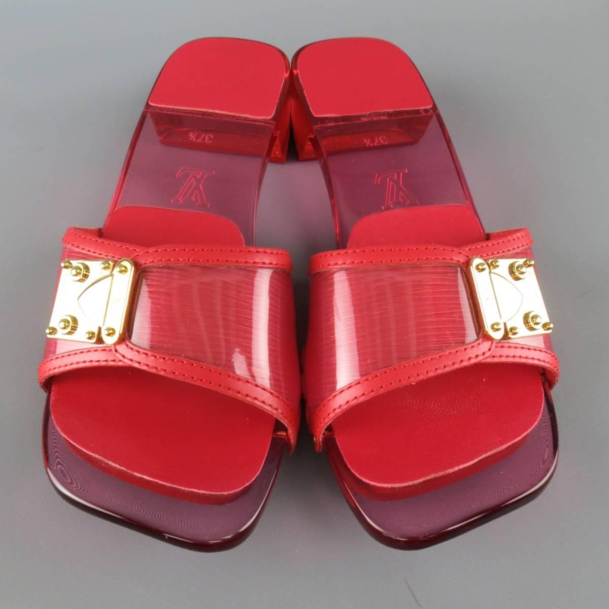 Women's LOUIS VUITTON Size 7.5 Red Patent Epi Leather Clear Heeled Gold Buckle Sandals