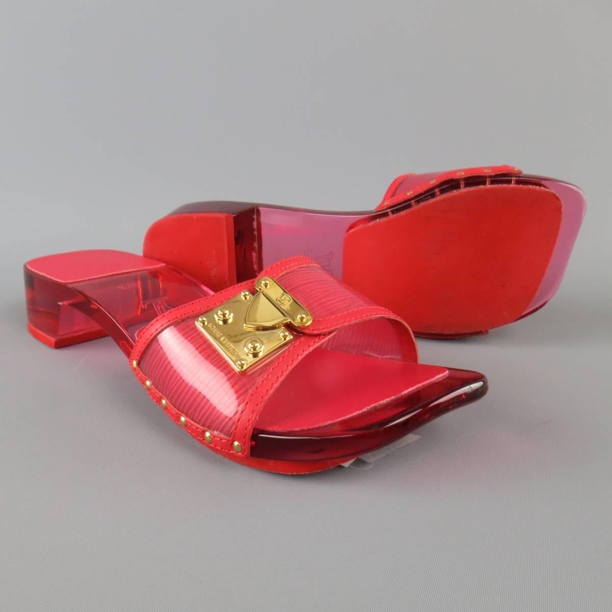 LOUIS VUITTON Size 7.5 Red Patent Epi Leather Clear Heeled Gold Buckle Sandals In Excellent Condition In San Francisco, CA