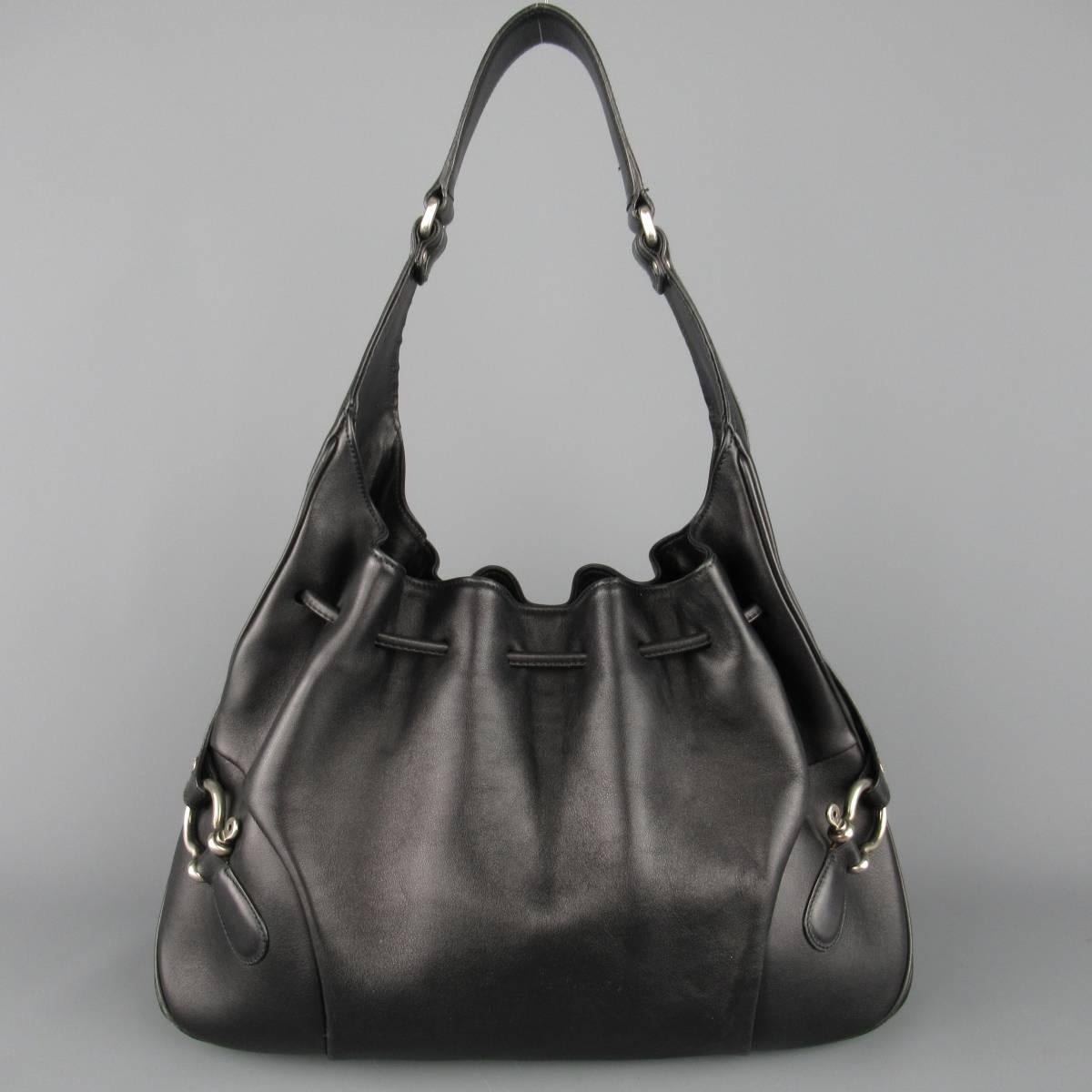 Women's BURBERRY LONDON Black Leather Drawstring Hobo Handbag