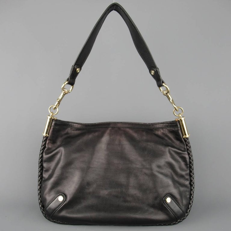 GUCCI Black Braided Piping Leather Vintage Gold G Shoulder Bag at 1stDibs