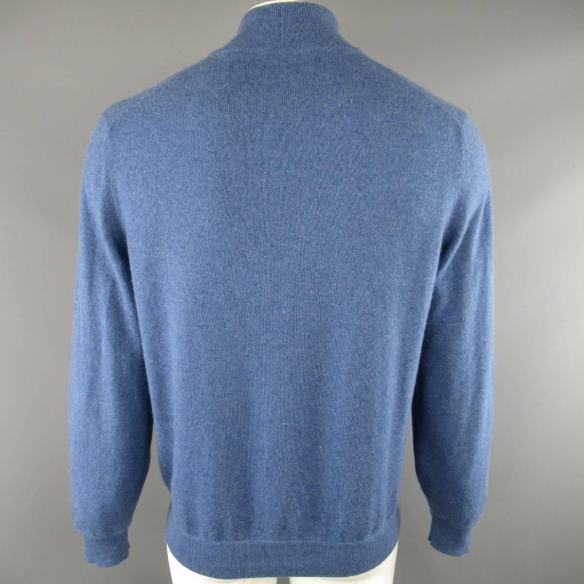 Men's BRUNELLO CUCINELLI Size L Blue Cashmere High Neck Half Button Pullover 1