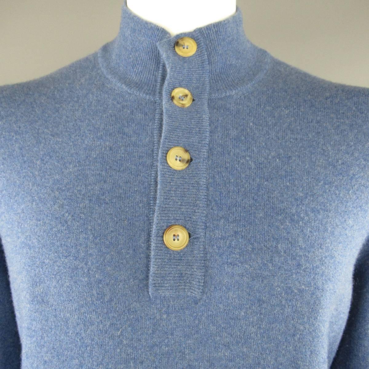 Men's BRUNELLO CUCINELLI Size L Blue Cashmere High Neck Half Button Pullover In Good Condition In San Francisco, CA
