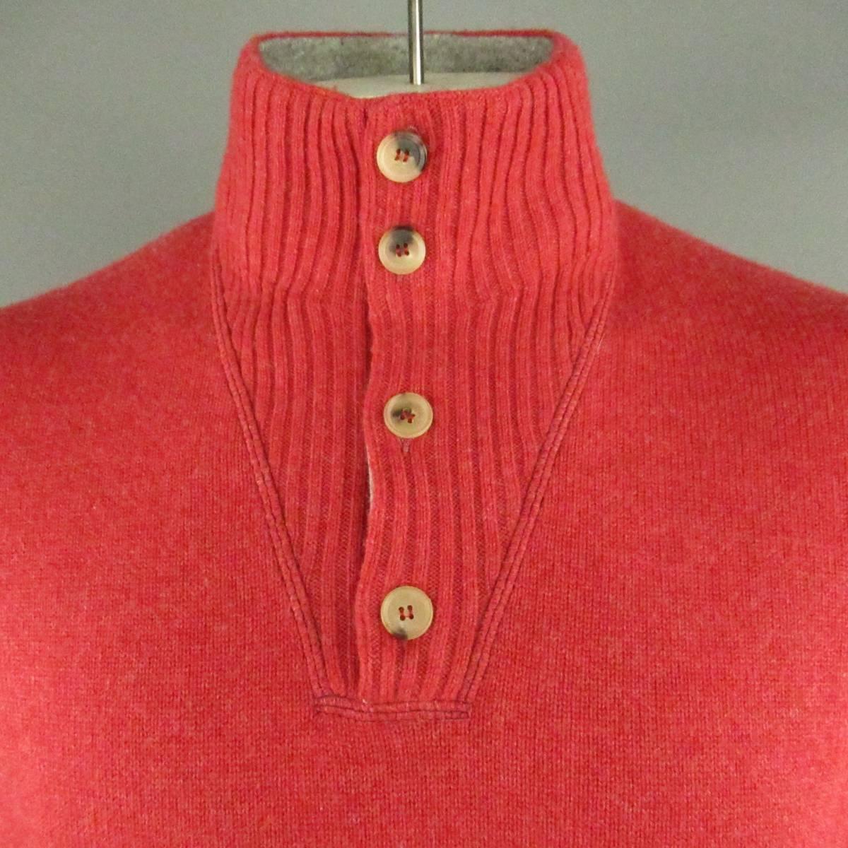 Men's BRUNELLO CUCINELLI L Red Knitted Cashmere Ribbed Button Collar Sweater In Good Condition In San Francisco, CA