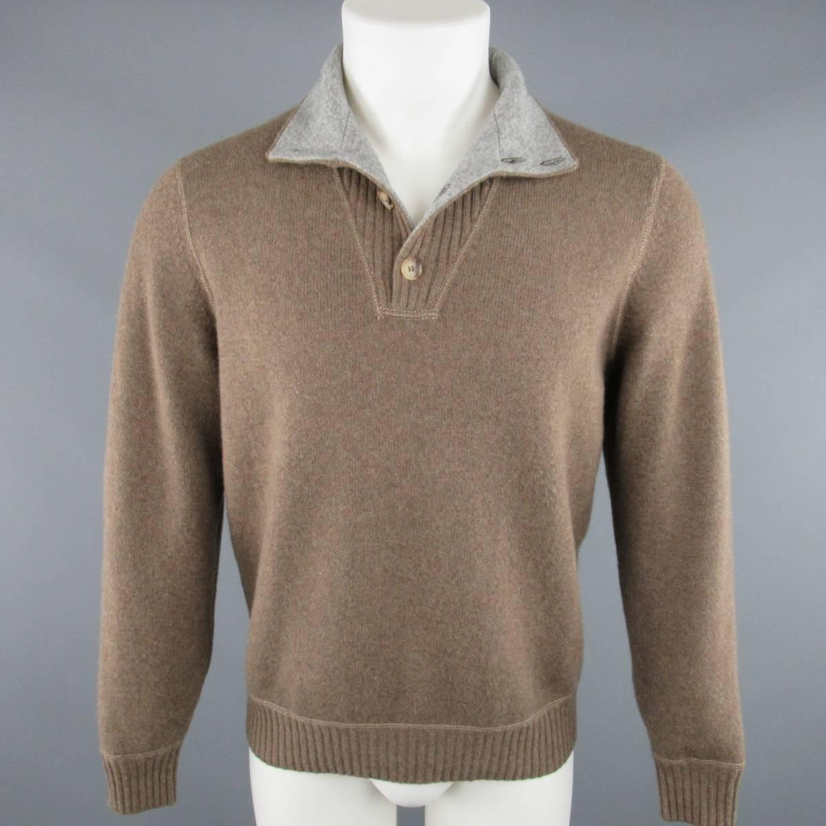 Men's BRUNELLO CUCINELLI S Brown & Gray Knitted Wool / Cashmere Sweater In Good Condition In San Francisco, CA