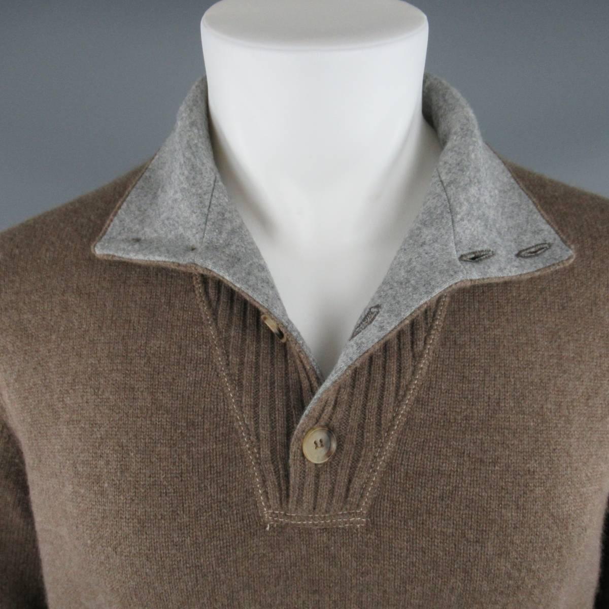 Men's BRUNELLO CUCINELLI S Brown & Gray Knitted Wool / Cashmere Sweater 1