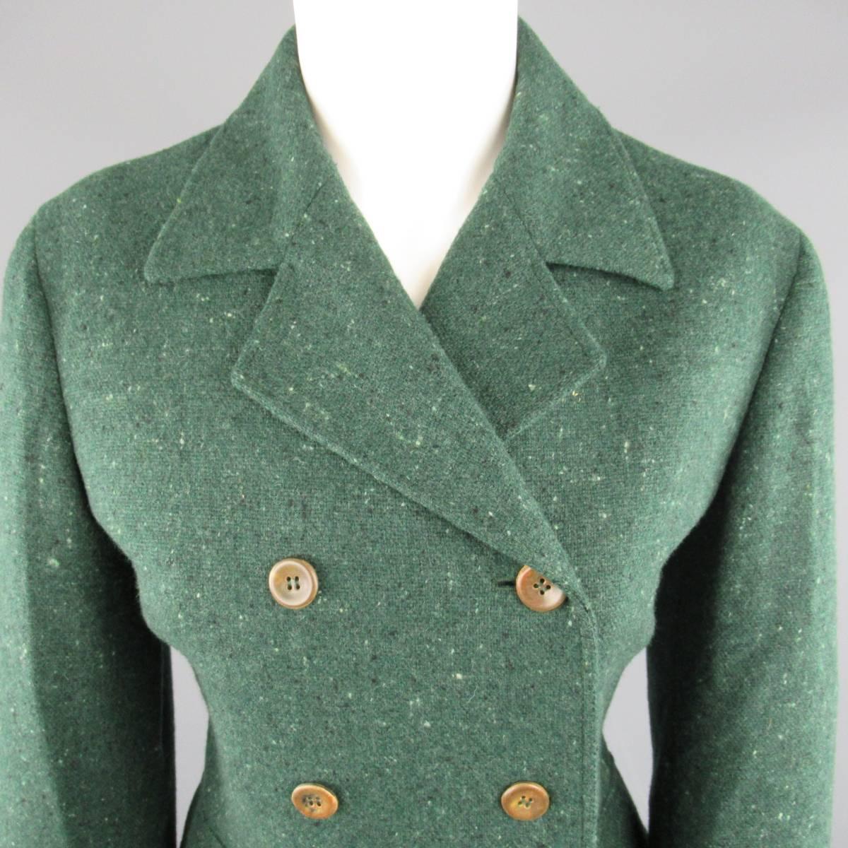 LUCIANO BARBERA double breasted peacoat comes in a speckled green wool and features a classic pointed lapel, wooden buttons, cuffed sleeves, and simulated flap pockets. Made in Italy.

Excellent Pre-Owned Condition.
Marked: US