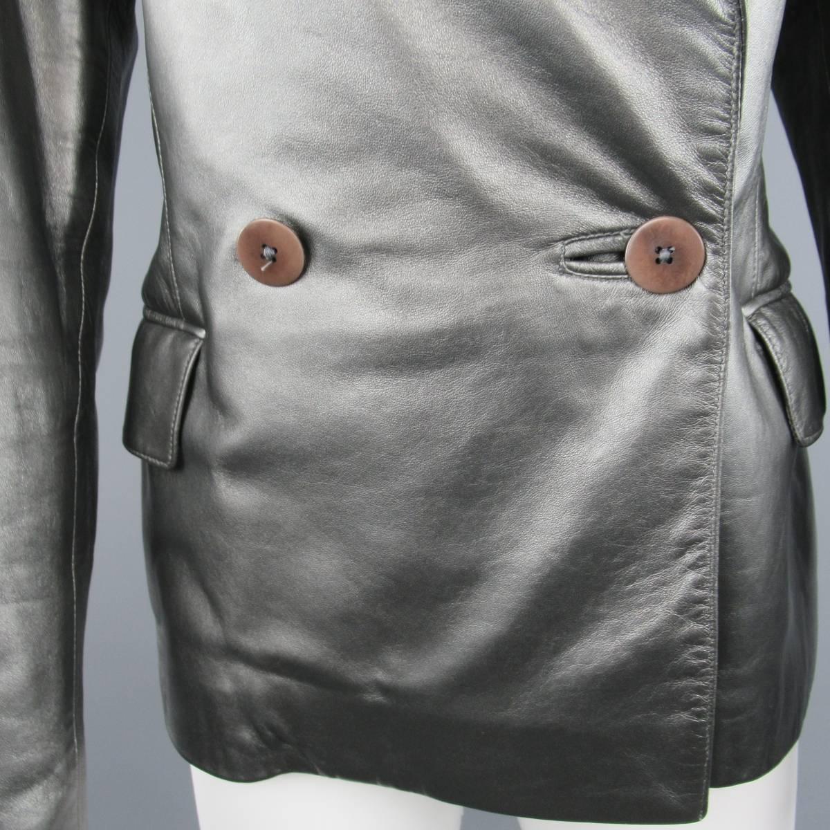 RALPH LAUREN Collection 10 Metallic Silver Leather Double Breasted Jacket In Fair Condition In San Francisco, CA