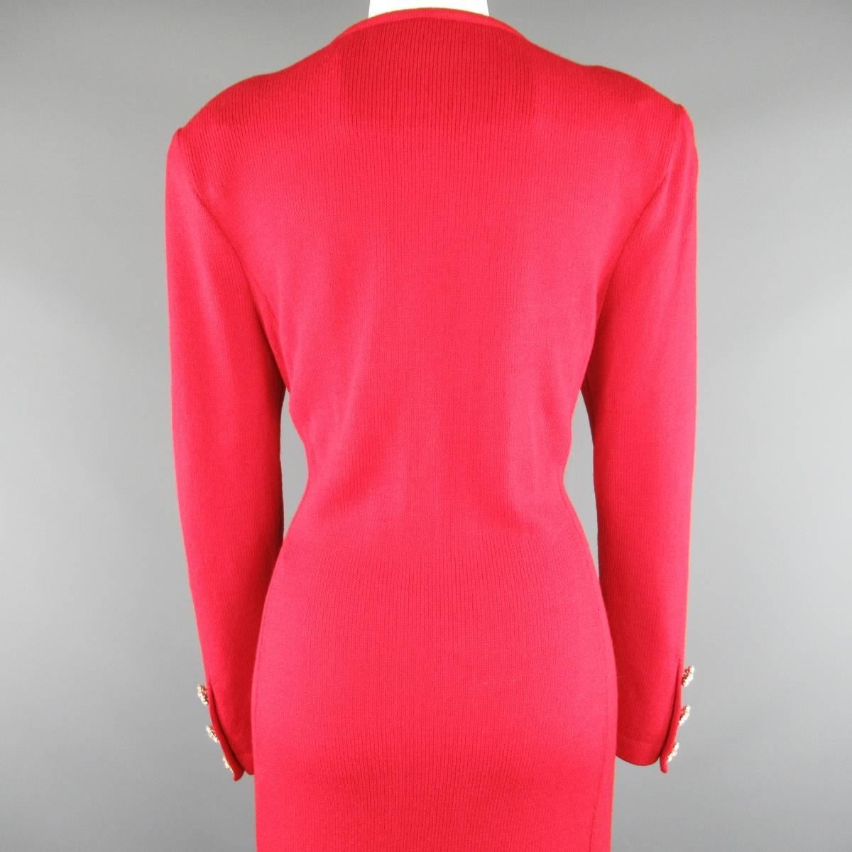Vintage ST. JOHN Evening Size 10 Red Wool Knit Rhinestone Button Cardigan Coat 2