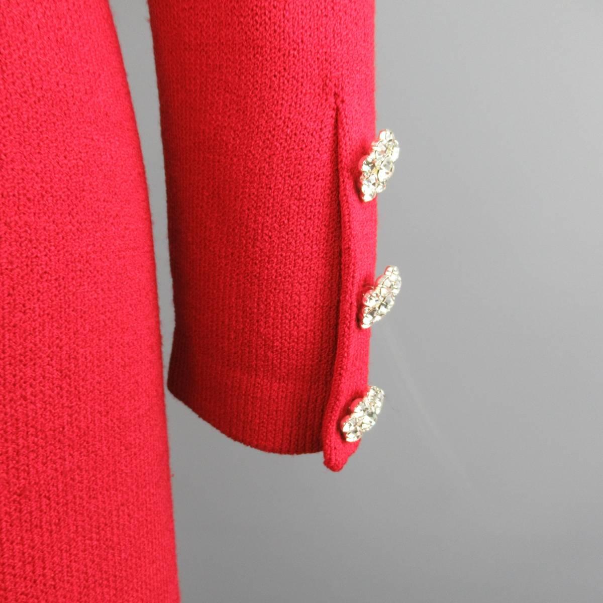 Vintage ST. JOHN Evening Size 10 Red Wool Knit Rhinestone Button Cardigan Coat In Excellent Condition In San Francisco, CA