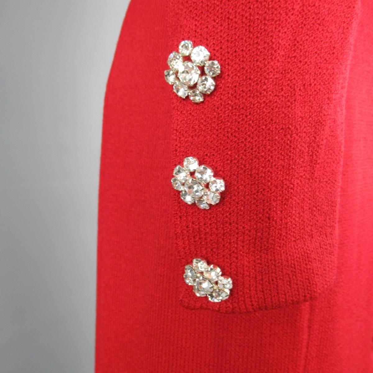 Women's Vintage ST. JOHN Evening Size 10 Red Wool Knit Rhinestone Button Cardigan Coat