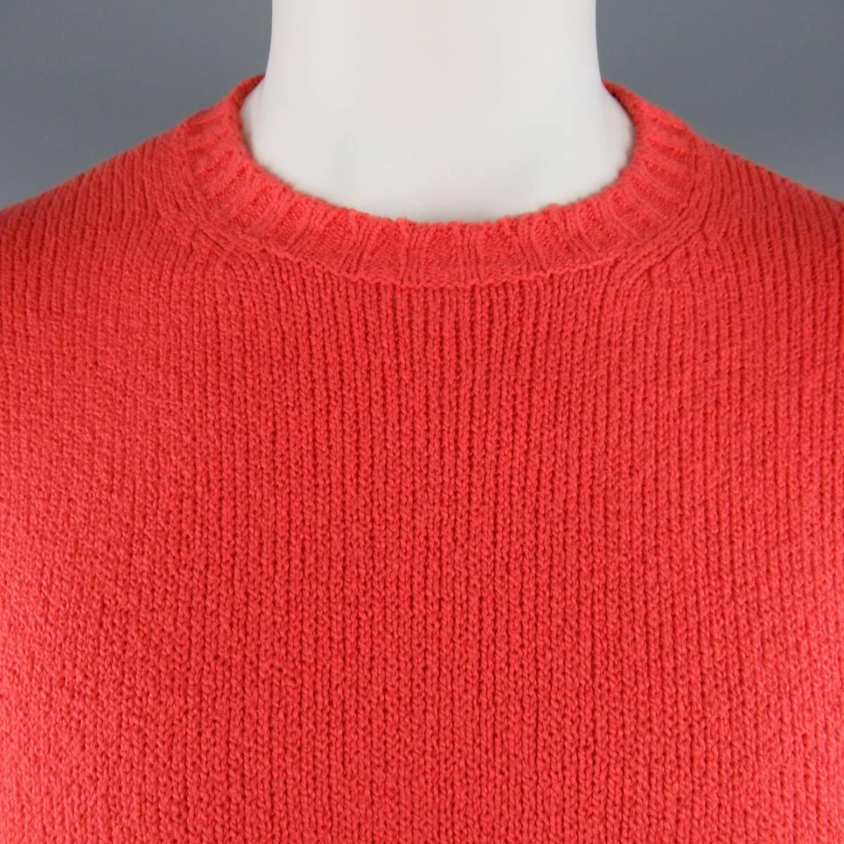 Classic LORO PIANA pullover comes in a brilliant coral red cotton knit with a crewneck, drop shoulder,  and ribbed cuff and waistband.  Made in Italy.
 
Good Pre-Owned Condition.
Marked: IT 52
 
Measurements:
 
Shoulder: 23 in.
Chest: 48 in.
Sleeve:
