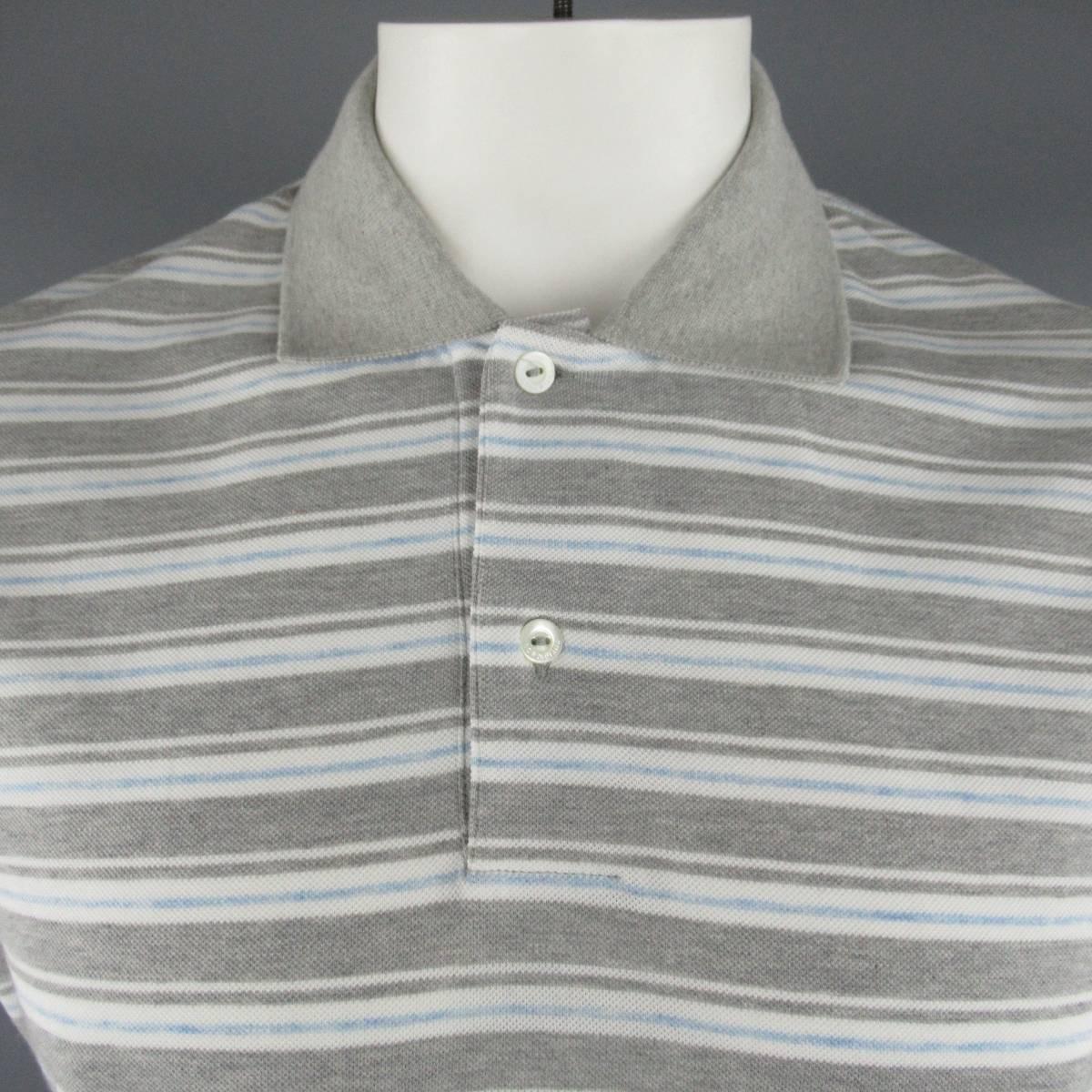 LORO PIANA polo comes in light Heather gray, white, and light blue striped cotton pique with contrast collar. Made in Italy.
 
New with tags.
Marked: XXL
 
Measurements:
 
Shoulder: 17 in.
Chest: 48 in.
Sleeve: 9.5 in.
Length: 28.5 in.

SKU: 84031