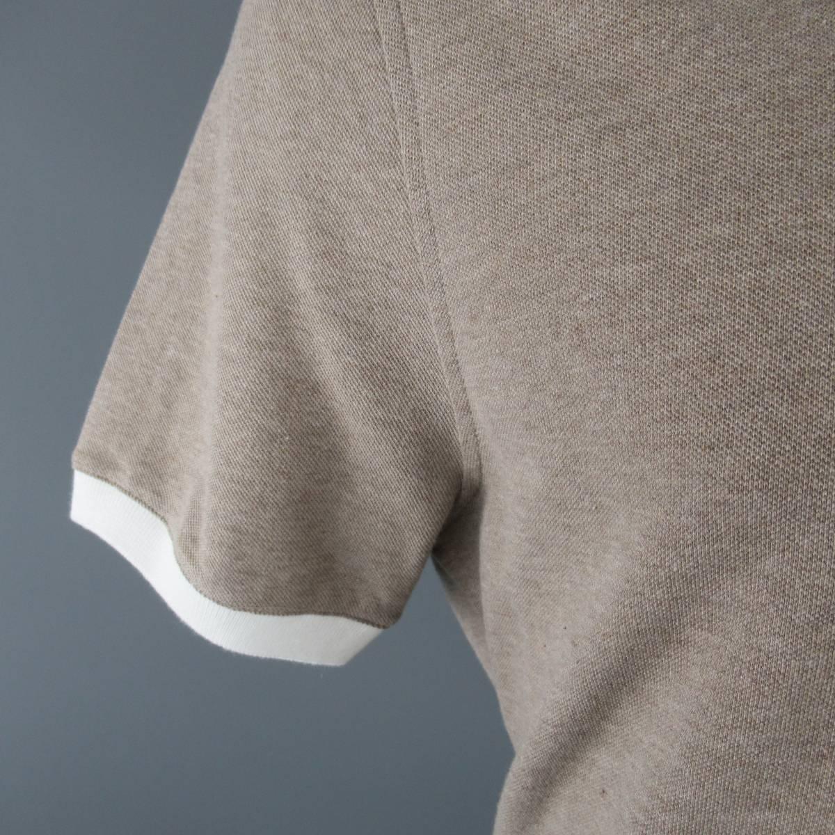 Gray BRUNELLO CUCINELLI Size XXL Taupe & White Cotton Pique Contrast Collar Polo
