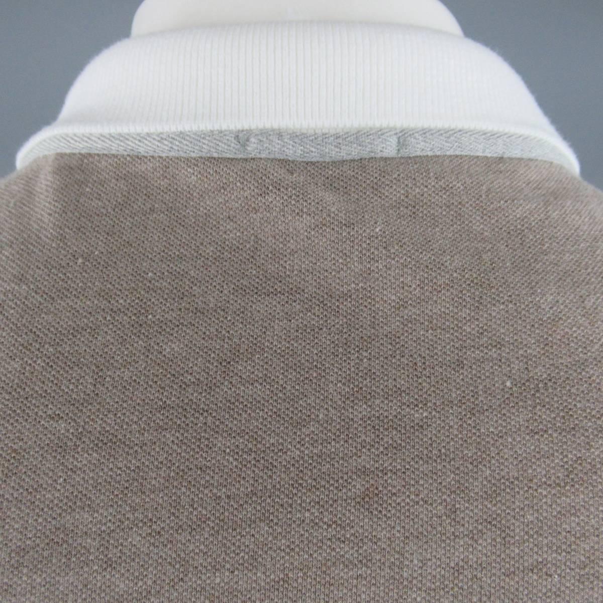 BRUNELLO CUCINELLI Size XXL Taupe & White Cotton Pique Contrast Collar Polo 1