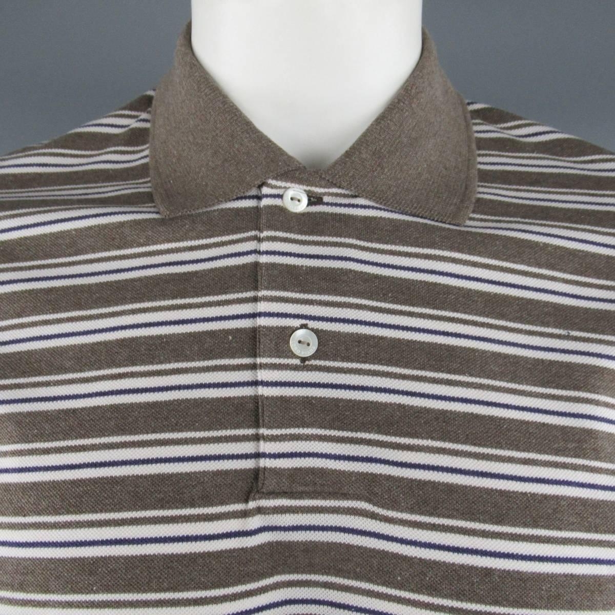 Classic LORO PIANA polo comes in taupe cotton pique with all over white & navy stripe pattern and contrast collar. Made in Italy.
 
New with Tags.
Marked: XXL
 
Measurements:
 
Shoulder: 18 in.
Chest: 48 in.
Sleeve: 9.5 in.
Length: 28 in.

SKU: 84036