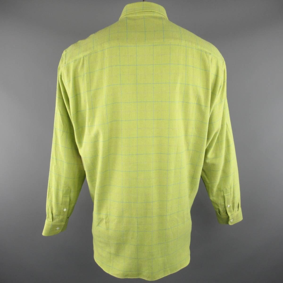 Men's BRIONI Sport Size L Green Window Pane Cotton Flannel Long Sleeve Shirt 2