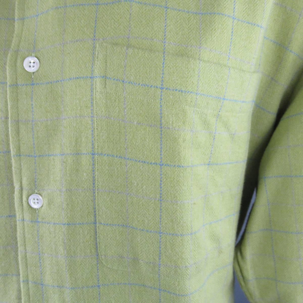 Men's BRIONI Sport Size L Green Window Pane Cotton Flannel Long Sleeve Shirt In New Condition In San Francisco, CA