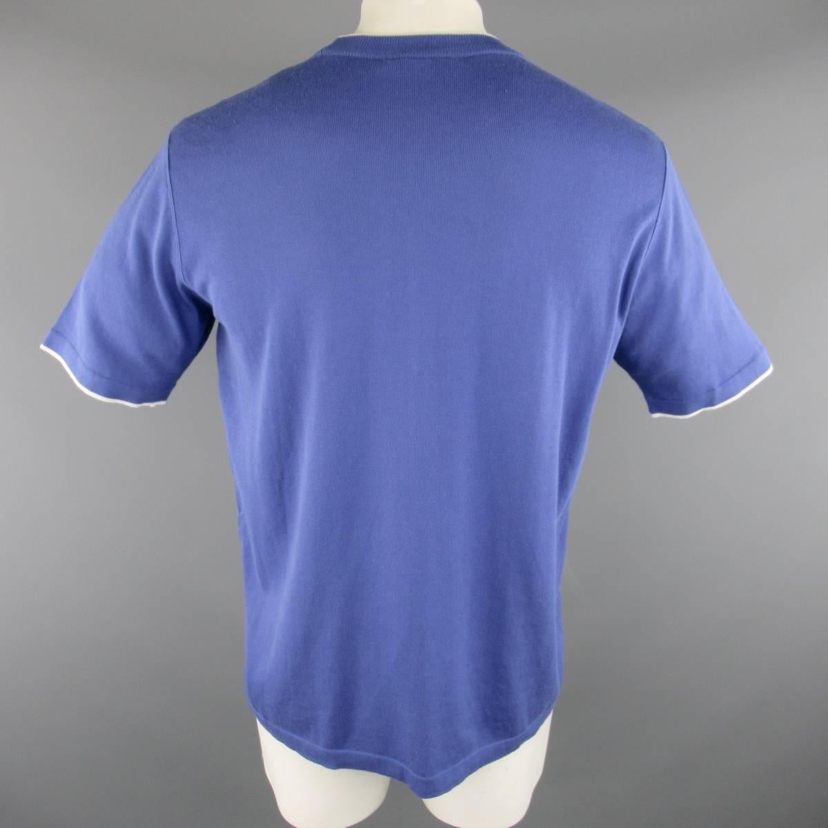 Purple Men's BRIONI Size L Blue Cotton Pique Knit White Striped Bands T-shirt