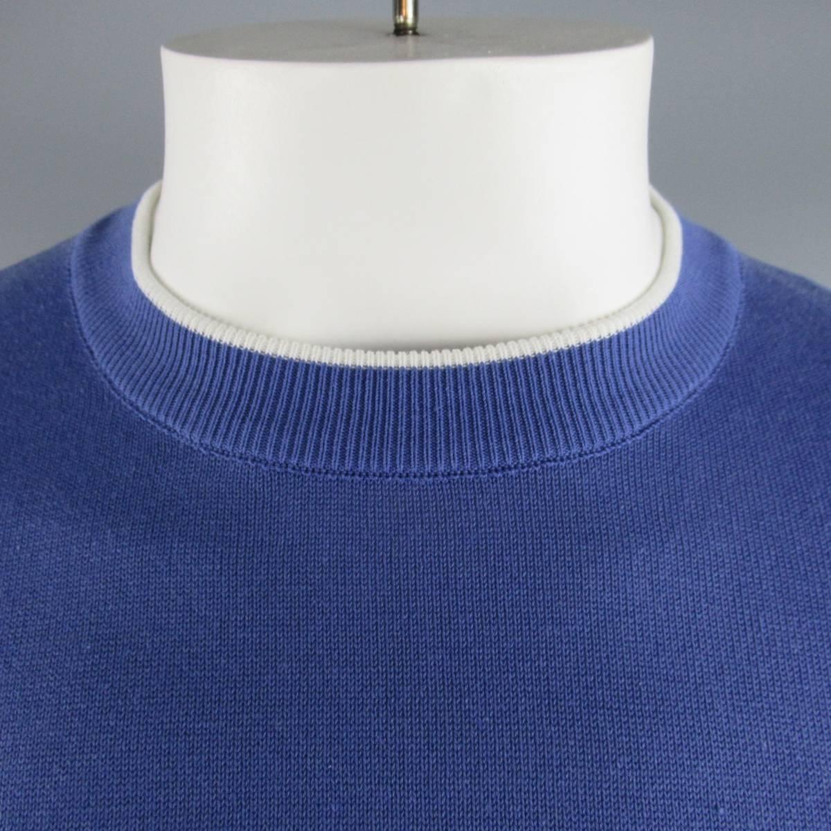 Classic BRIONI T-shirt comes in a blue cotton pique knit  with white accent striped collar and sleeves. Made in Italy.

New with Tags.
Marked: L

Measurements:
Shoulder: 19.5 in.
Chest: 46 in.
Sleeve: 10.5 in.
Length: 29 in.

SKU: 84038