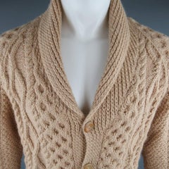 Vintage INVERALLAN Size S Khaki Chunky Cable Knit Wool Shawl Collar Cardigan