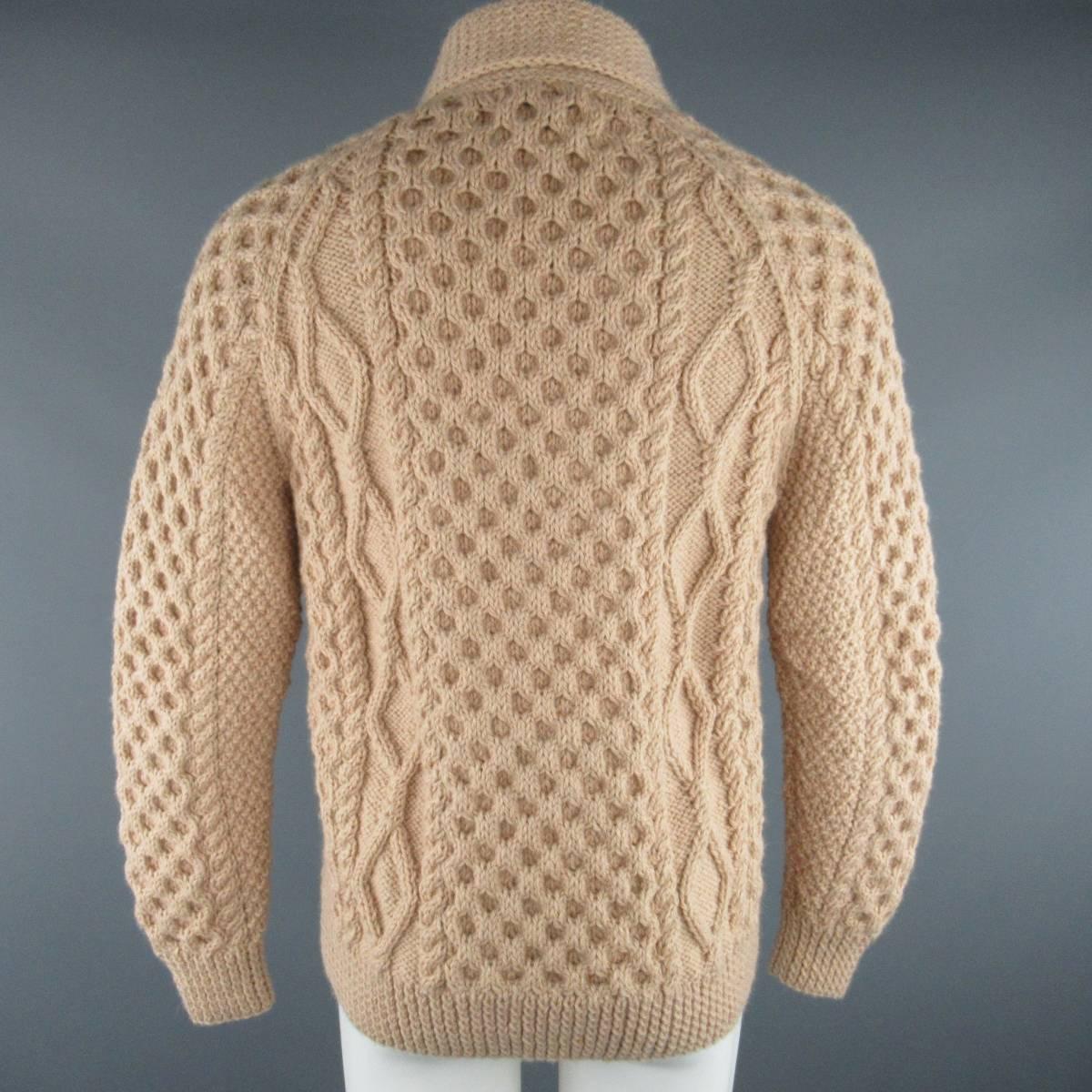 Brown Vintage INVERALLAN Size S Khaki Chunky Cable Knit Wool Shawl Collar Cardigan