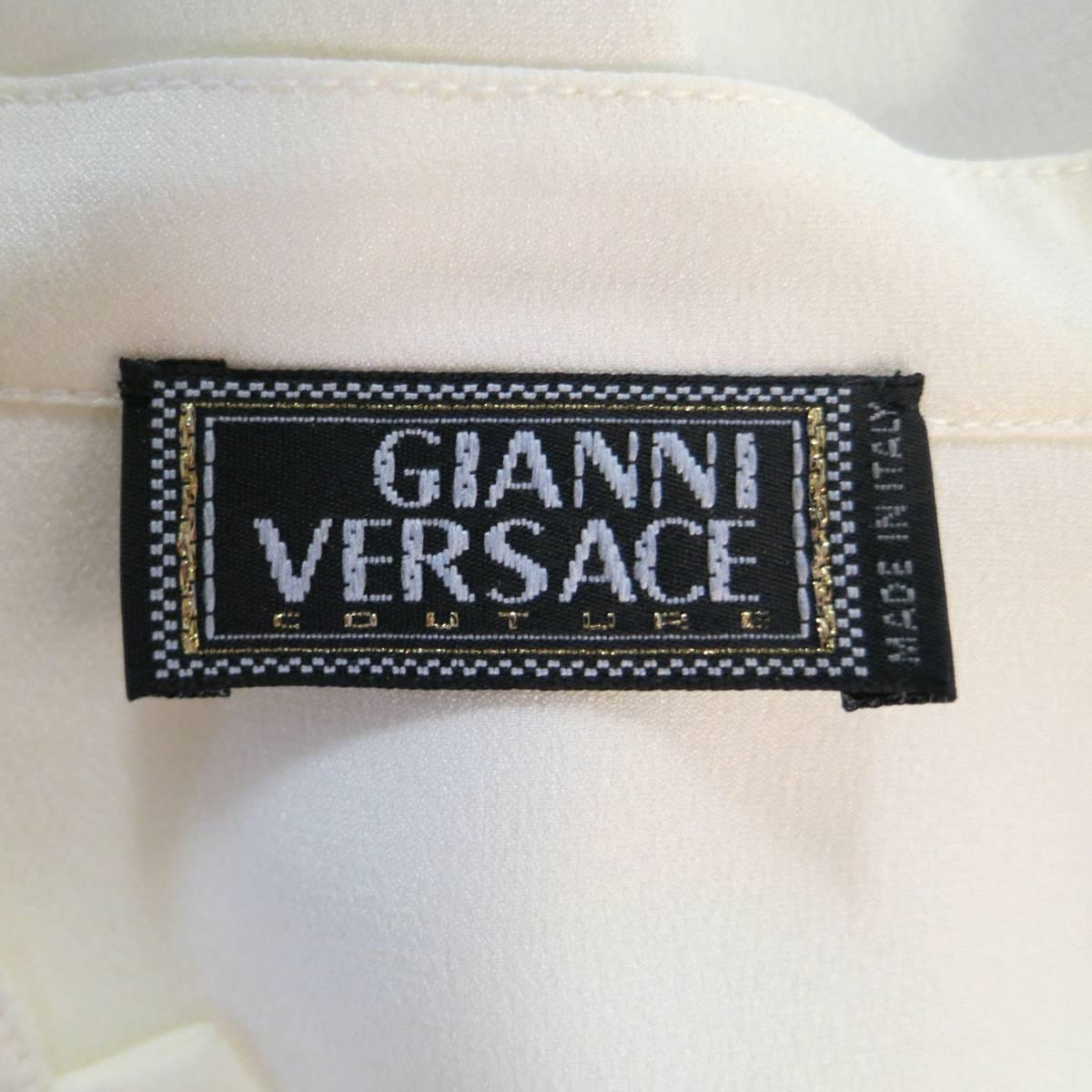 Women's GIANNI VERSACE Size 4 Cream Silk Crepe Chiffon Band Collar V Neck Blouse