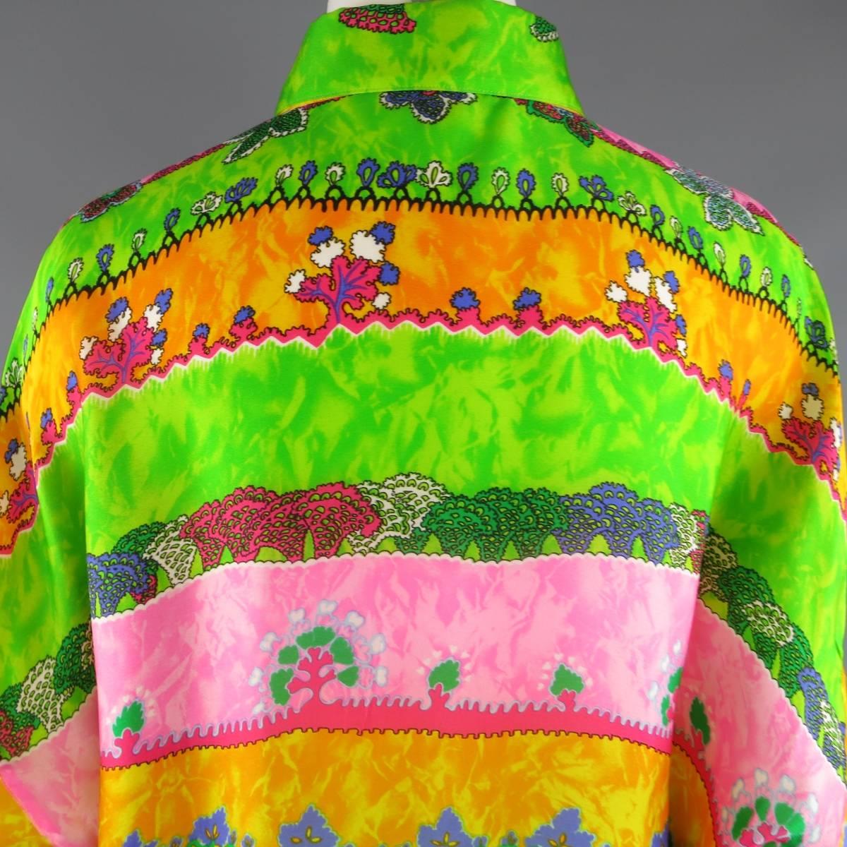 GIANNI VERSACE Size L Multi-Color Watercolor Abstract Plant Print Silk Blouse 1