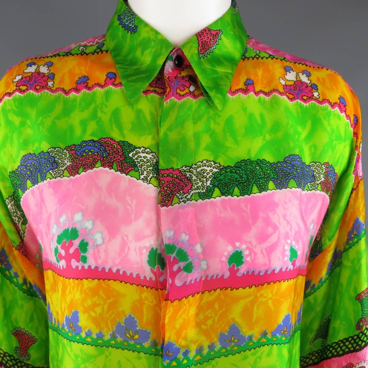 Yellow GIANNI VERSACE Size L Multi-Color Watercolor Abstract Plant Print Silk Blouse