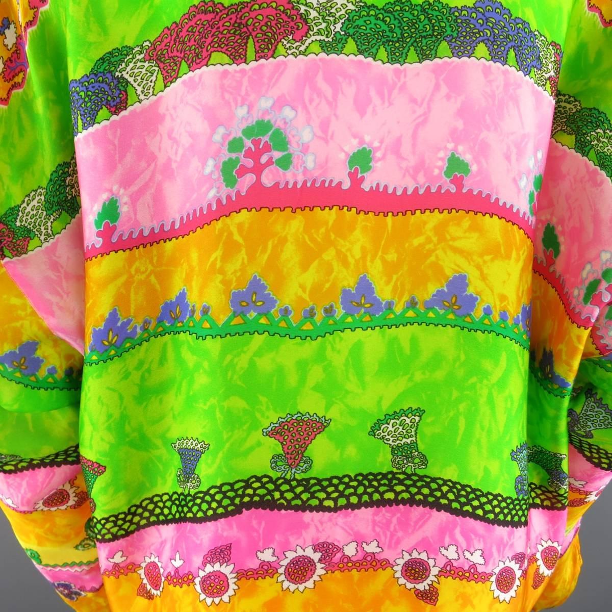 GIANNI VERSACE Size L Multi-Color Watercolor Abstract Plant Print Silk Blouse 2