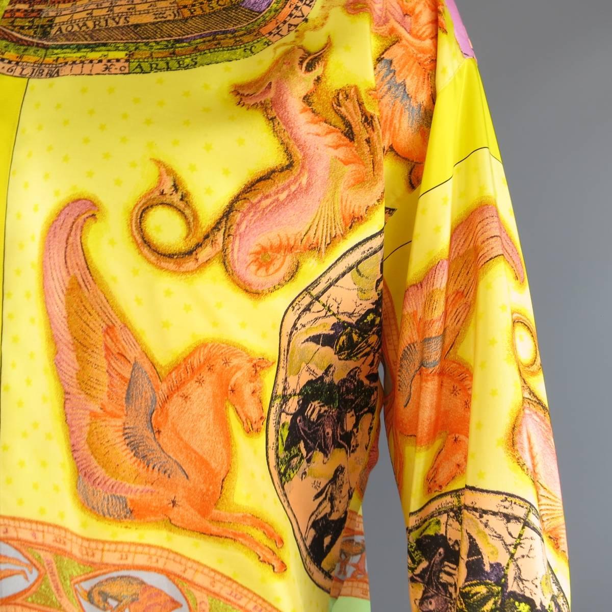 Women's or Men's Vintage 1990s GIANNI VERSACE Size L Yellow Multi-Color Zodiac Print Silk Blouse