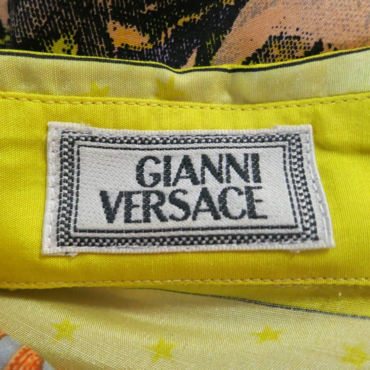 Vintage 1990s GIANNI VERSACE Size L Yellow Multi-Color Zodiac Print Silk Blouse 6
