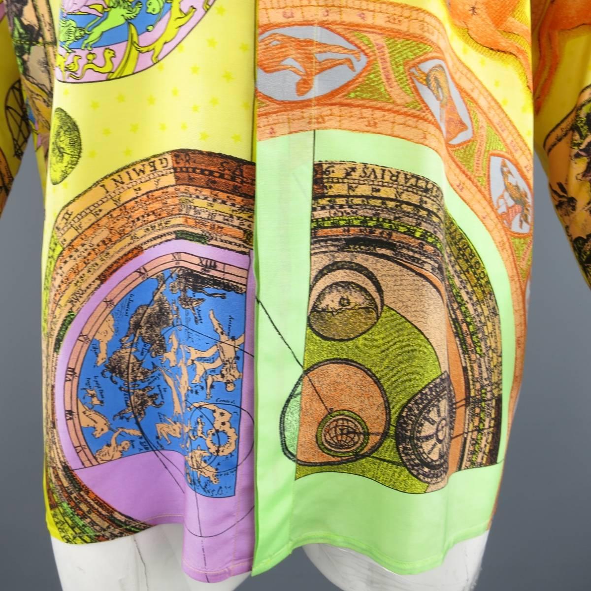 Vintage 1990s GIANNI VERSACE Size L Yellow Multi-Color Zodiac Print Silk Blouse In Excellent Condition In San Francisco, CA