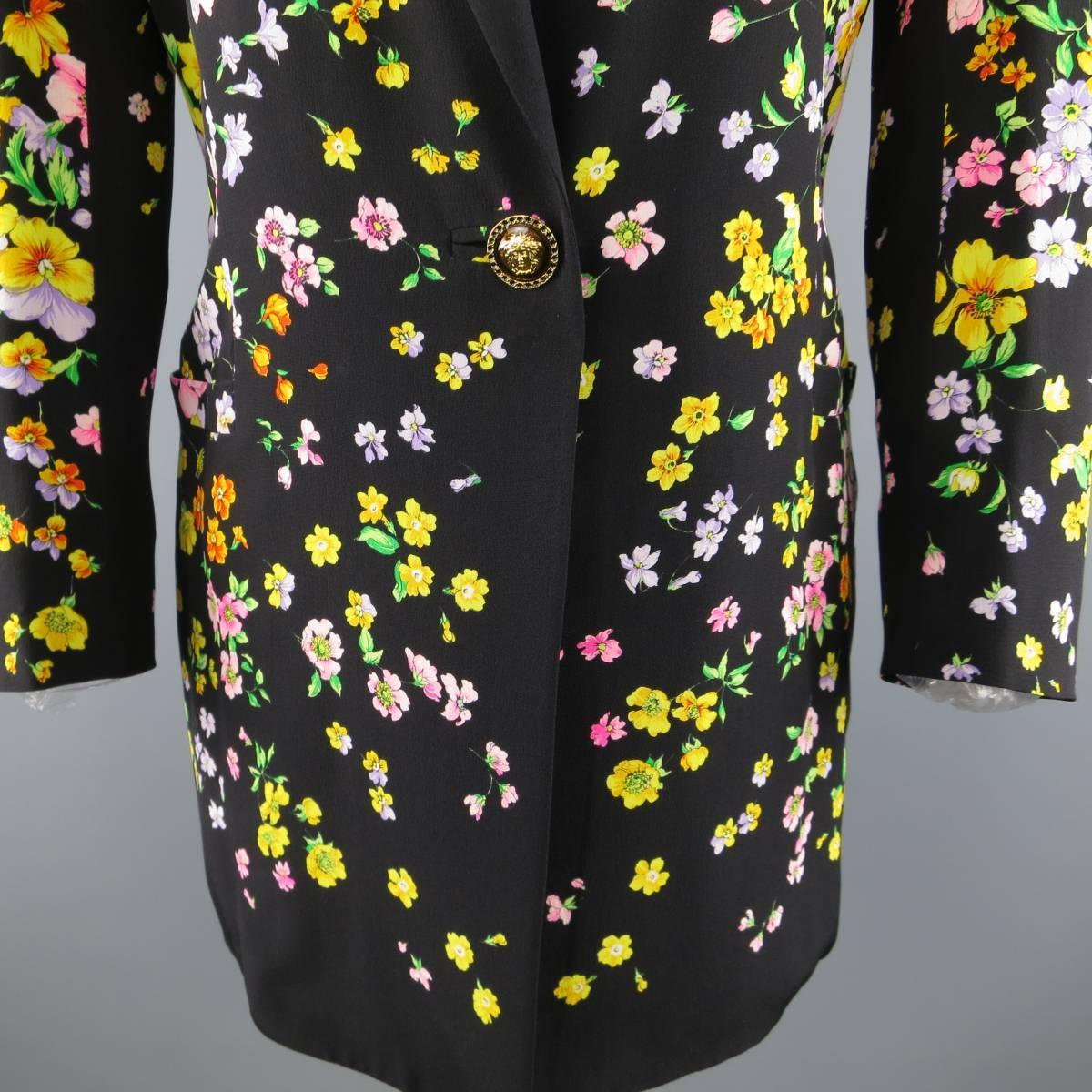1990s GIANNI VERSACE Size 10 Black Floral Print Silk Medusa Button Blazer In Excellent Condition In San Francisco, CA