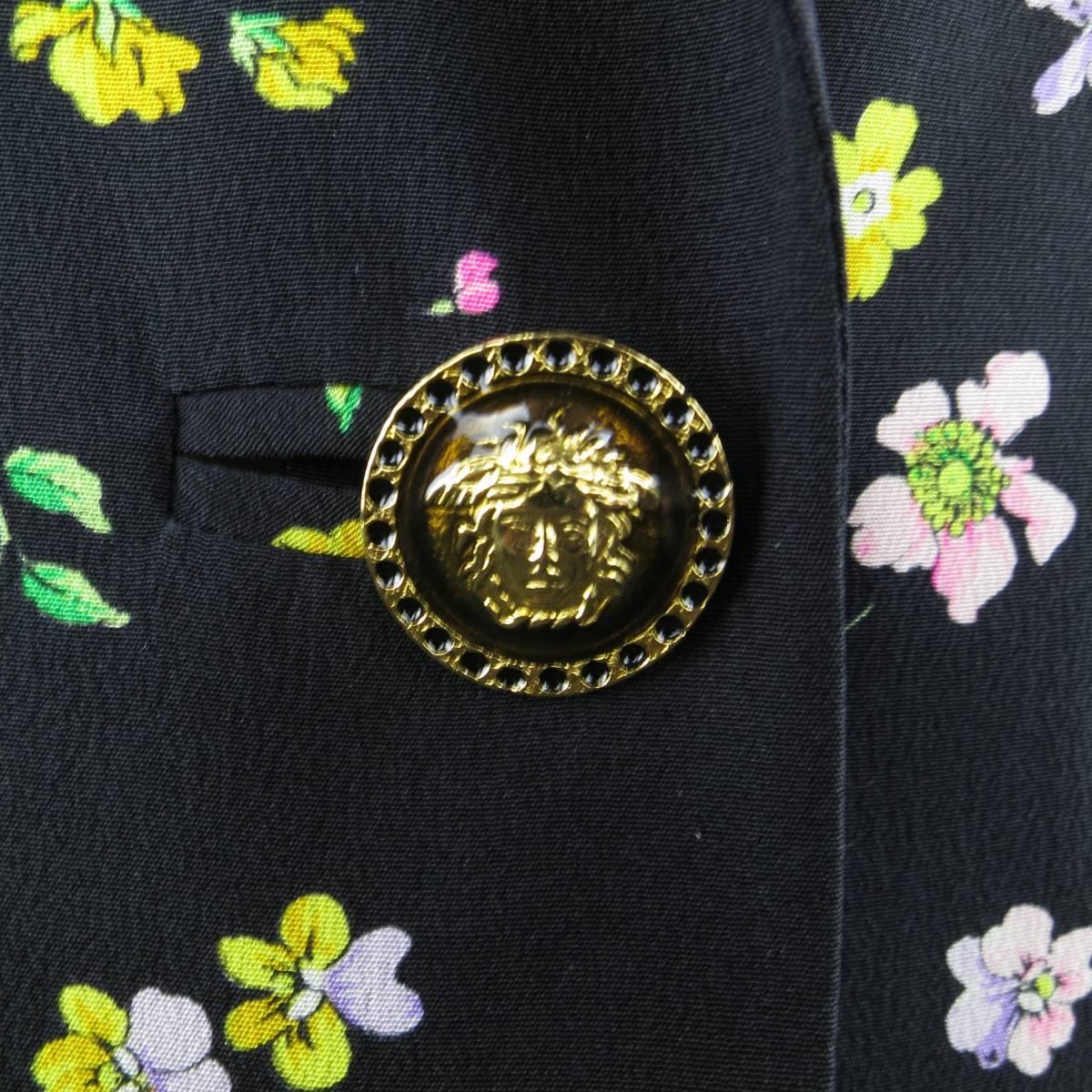 Women's 1990s GIANNI VERSACE Size 10 Black Floral Print Silk Medusa Button Blazer