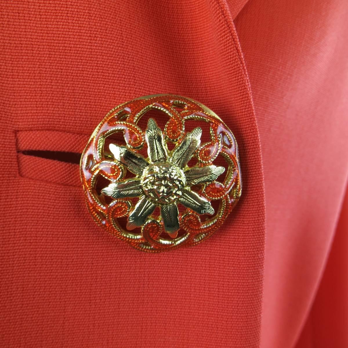 Red 1990s GIANNI VERSACE Couture Size 8 Orange 3 Gold Medusa Button Blazer