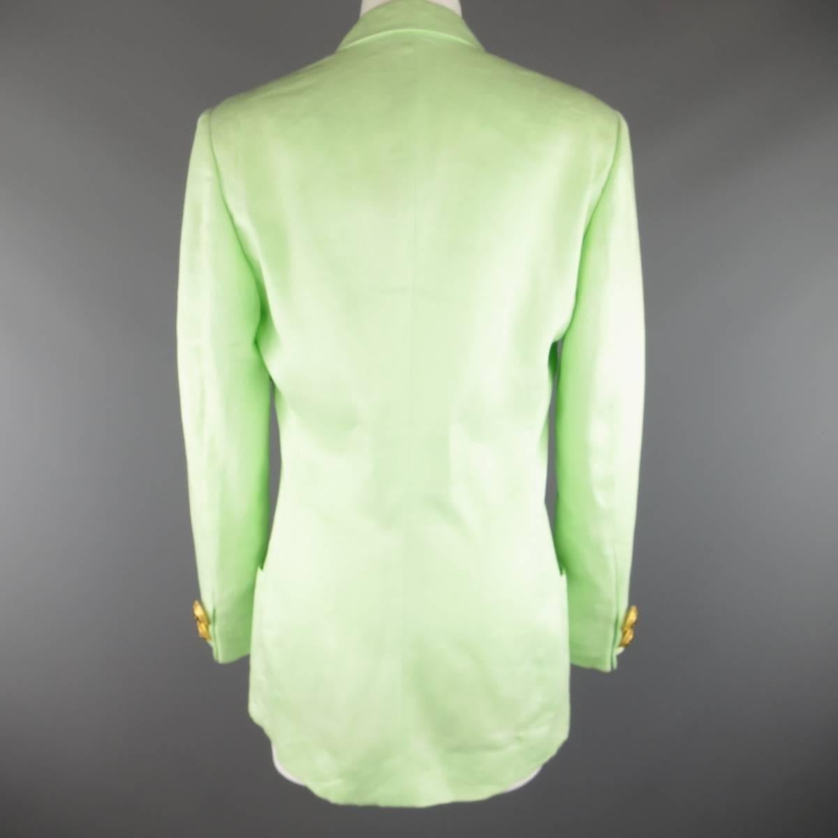 1990s GIANNI VERSACE Size 8 Mint Green Gold Statement Button Blazer Jacket 2