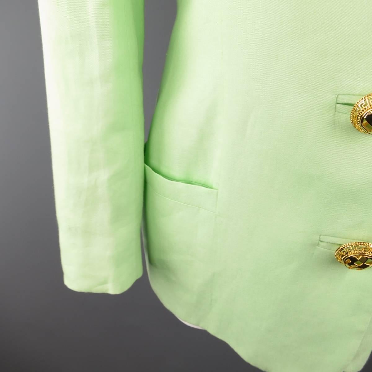 Women's 1990s GIANNI VERSACE Size 8 Mint Green Gold Statement Button Blazer Jacket