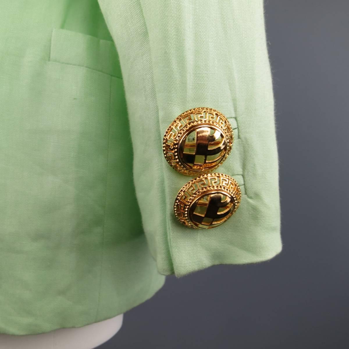 1990s GIANNI VERSACE Size 8 Mint Green Gold Statement Button Blazer Jacket 1
